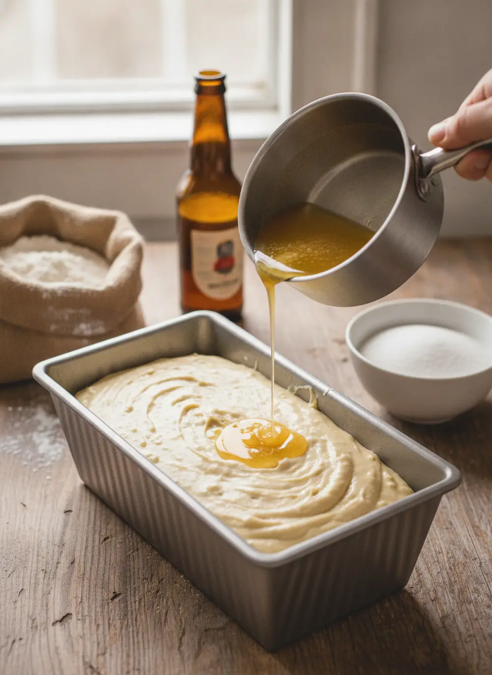 Melted butter being poured over unbaked beer bread batter in a loaf pan