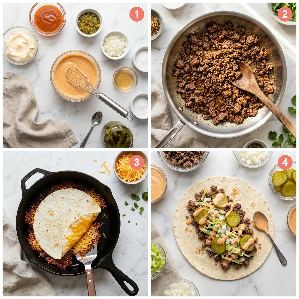 Step by step photos showing how to make Big Mac tacos: special sauce, browned beef, crisping cheese on tortilla, and assembling the taco