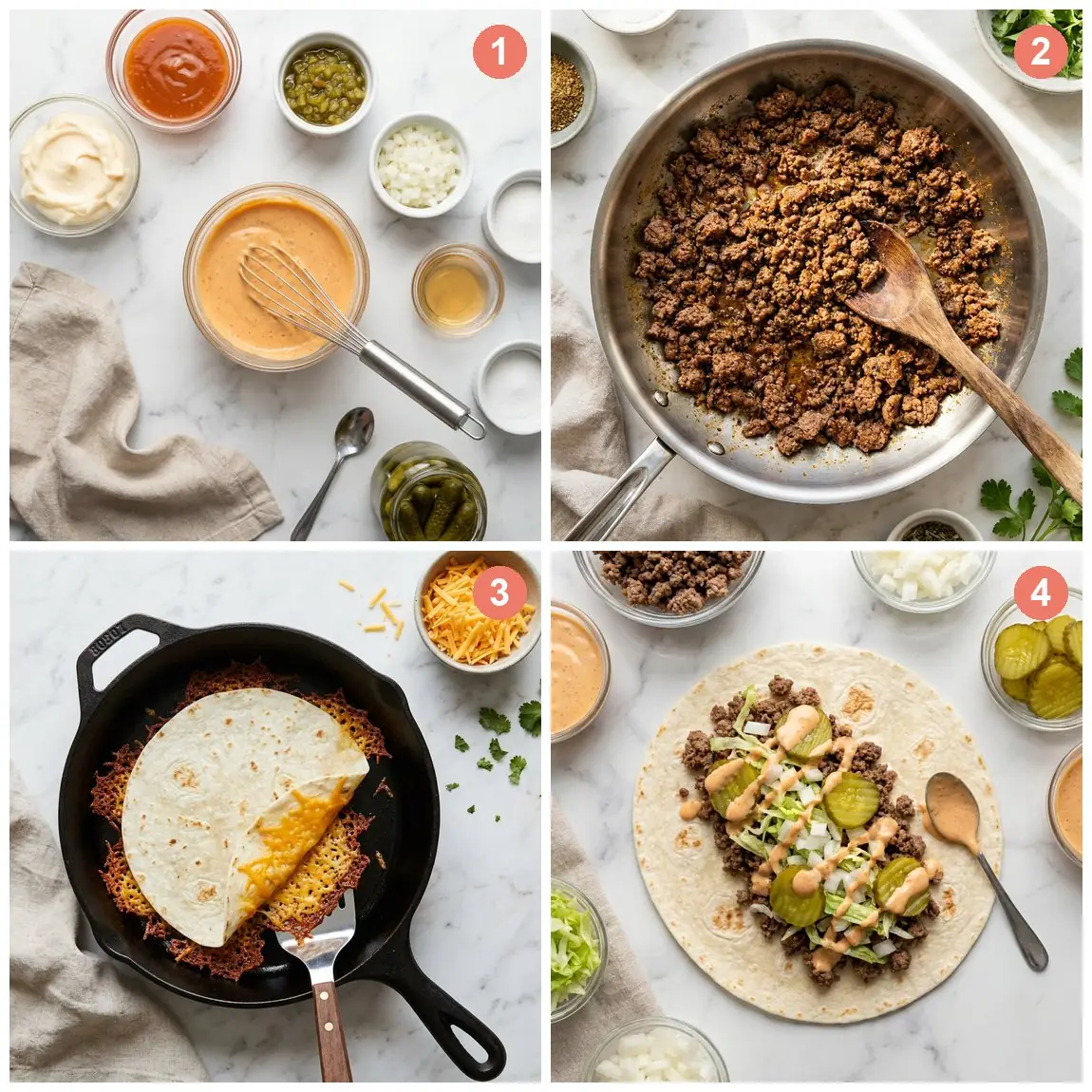 Step by step photos showing how to make Big Mac tacos: special sauce, browned beef, crisping cheese on tortilla, and assembling the taco