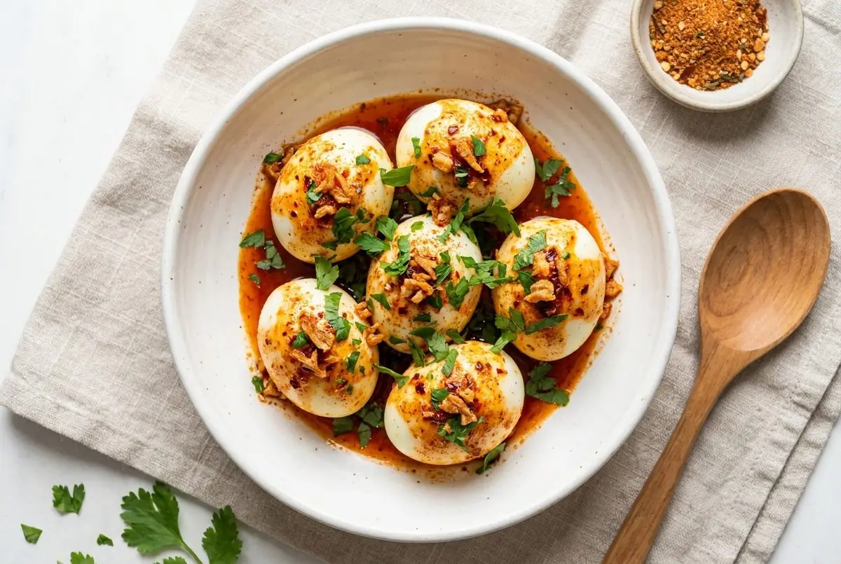 Overhead view of Cajun boiled eggs in spicy red sauce, topped with fried garlic and fresh parsley