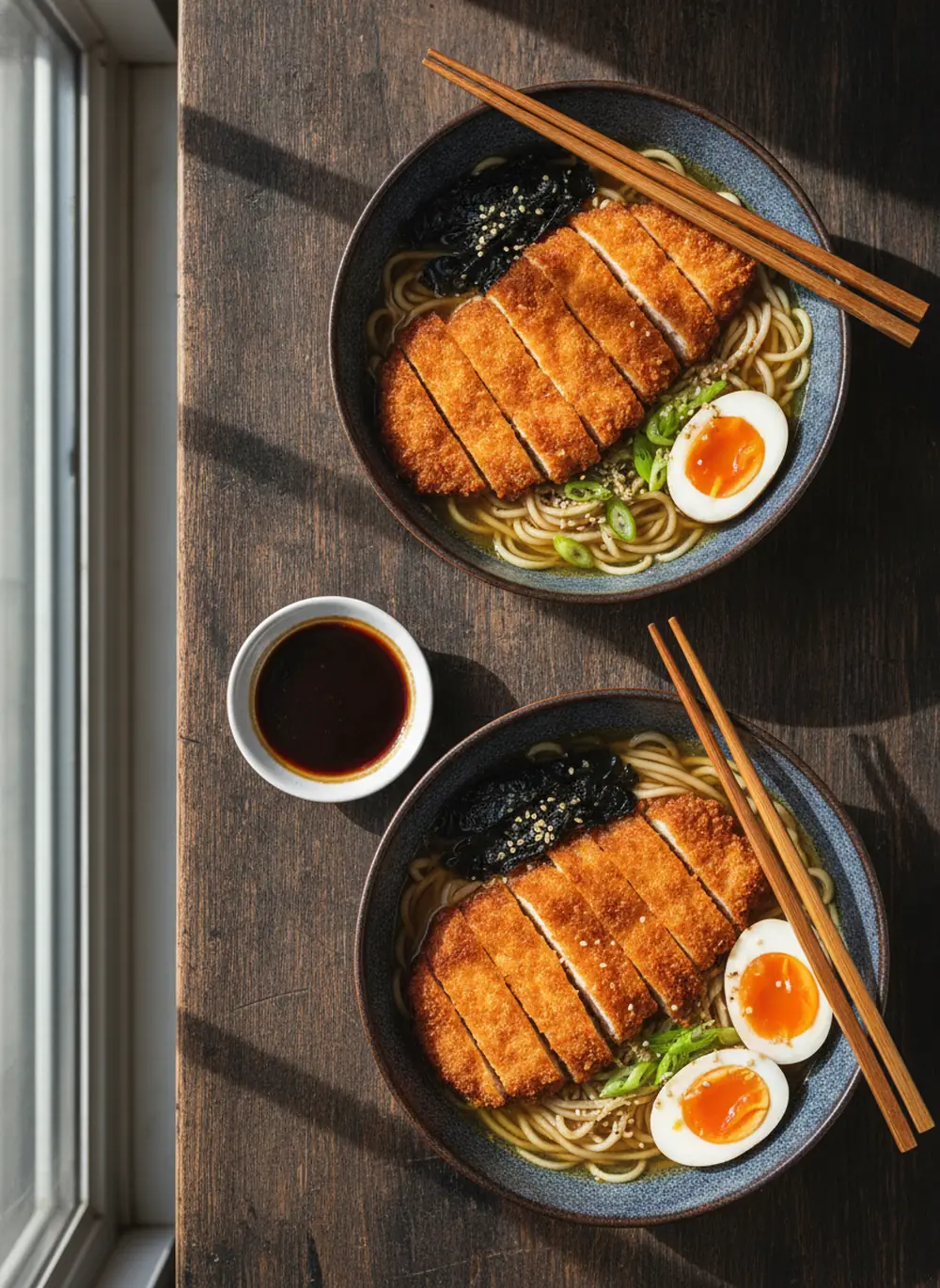 Two bowls of chicken katsu ramen with sliced panko chicken, halved eggs, nori and katsu sauce
