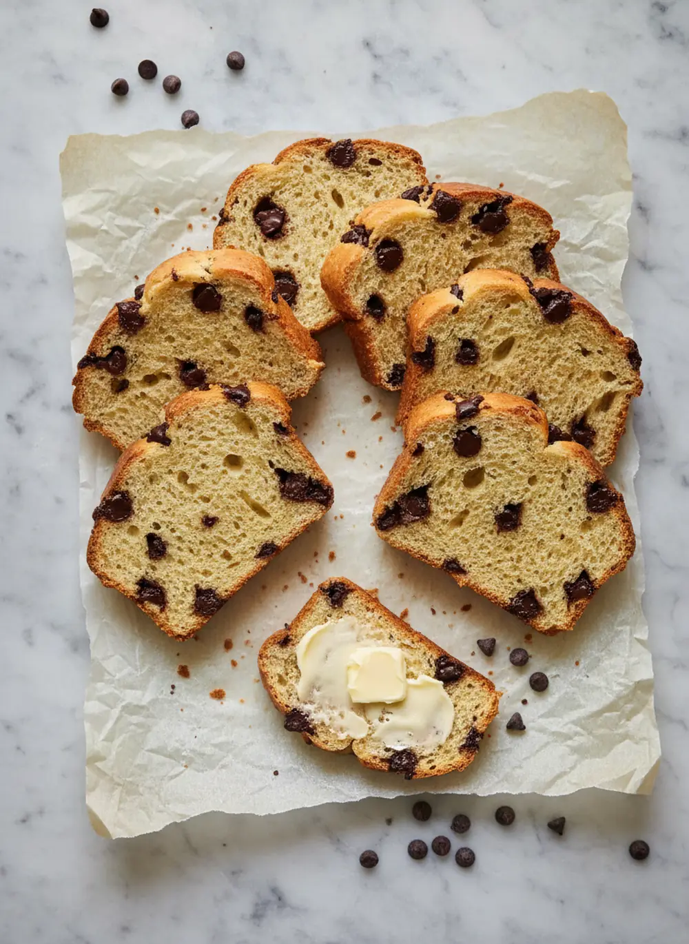 Slices of chocolate chip bread on parchment with one slice spread with butter