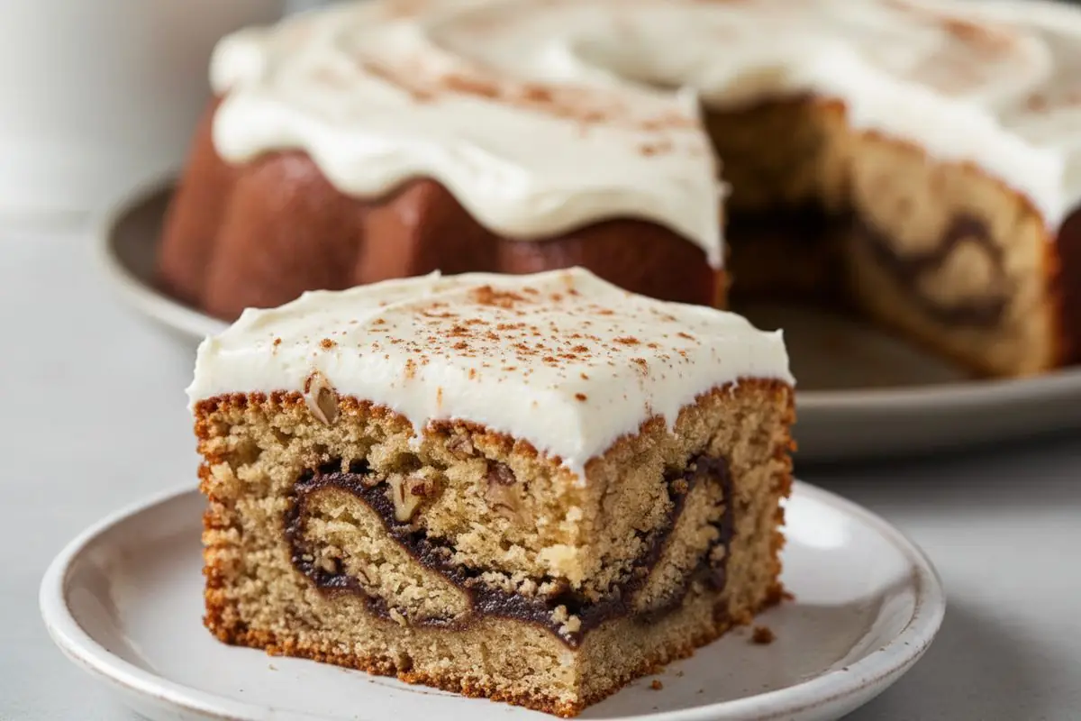 Slice of cinnamon roll banana cake on a white plate showing moist crumb, pecans and cream cheese glaze dusted with cinnamon