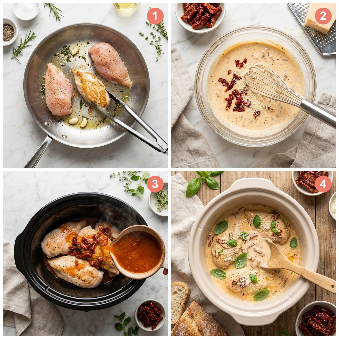 Step by step photos for Crockpot Marry Me Chicken: searing chicken, whisking the sun-dried tomato sauce, slow cooking, and the finished creamy dish