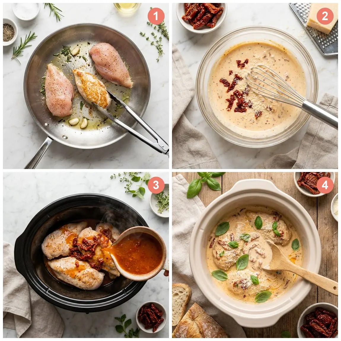 Step by step photos for Crockpot Marry Me Chicken: searing chicken, whisking the sun-dried tomato sauce, slow cooking, and the finished creamy dish