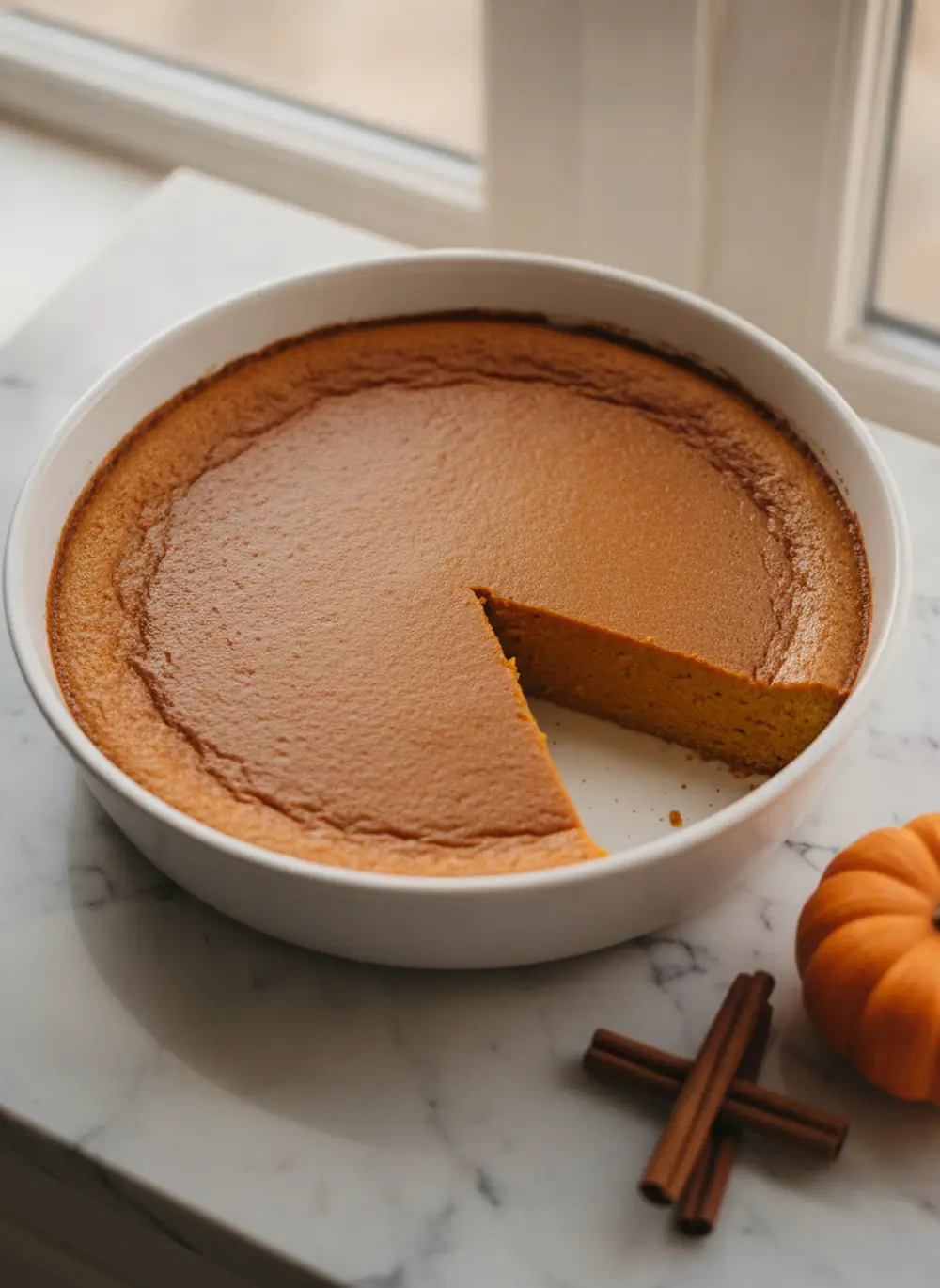 Whole crustless pumpkin pie in a white pie dish with one slice removed showing the clean set edge