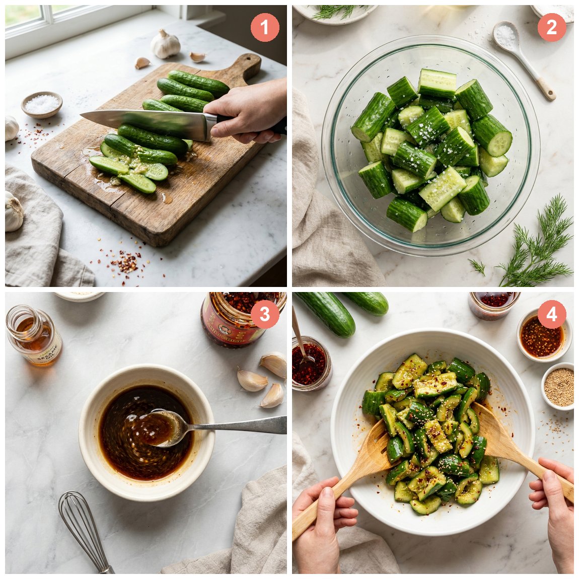 Step by step photos: smashing cucumbers, salting them, whisking the dressing, and tossing the cucumber salad