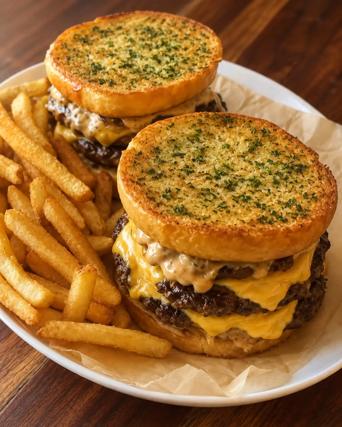 Two garlic bread smash burgers on a plate with french fries