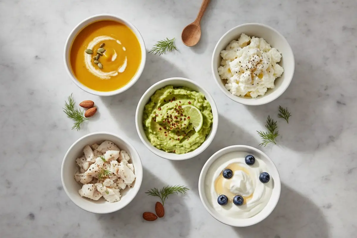 Small bowls of soft foods including blended pumpkin soup, ricotta, mashed avocado, flaked fish and Greek yoghurt