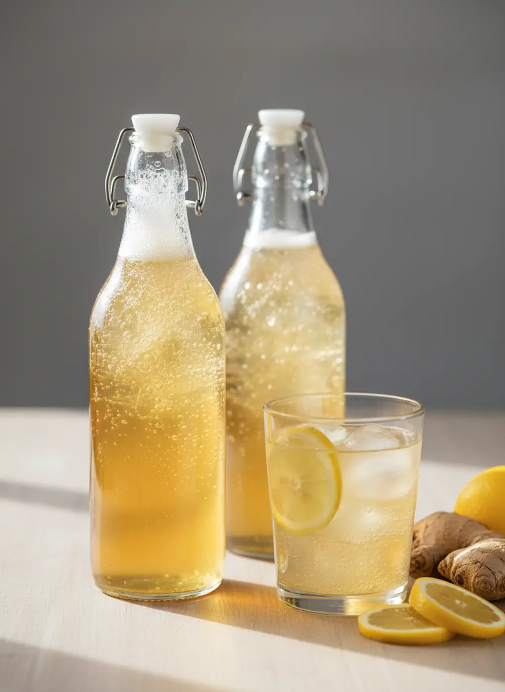 Bottles of homemade ginger soda made with a ginger bug starter next to fresh ginger root