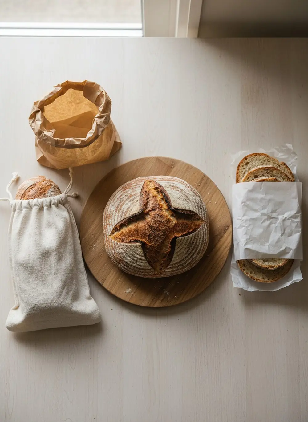Sourdough storage methods: loaf cut-side down on a board, linen bread bag, paper bag and slices wrapped for the freezer