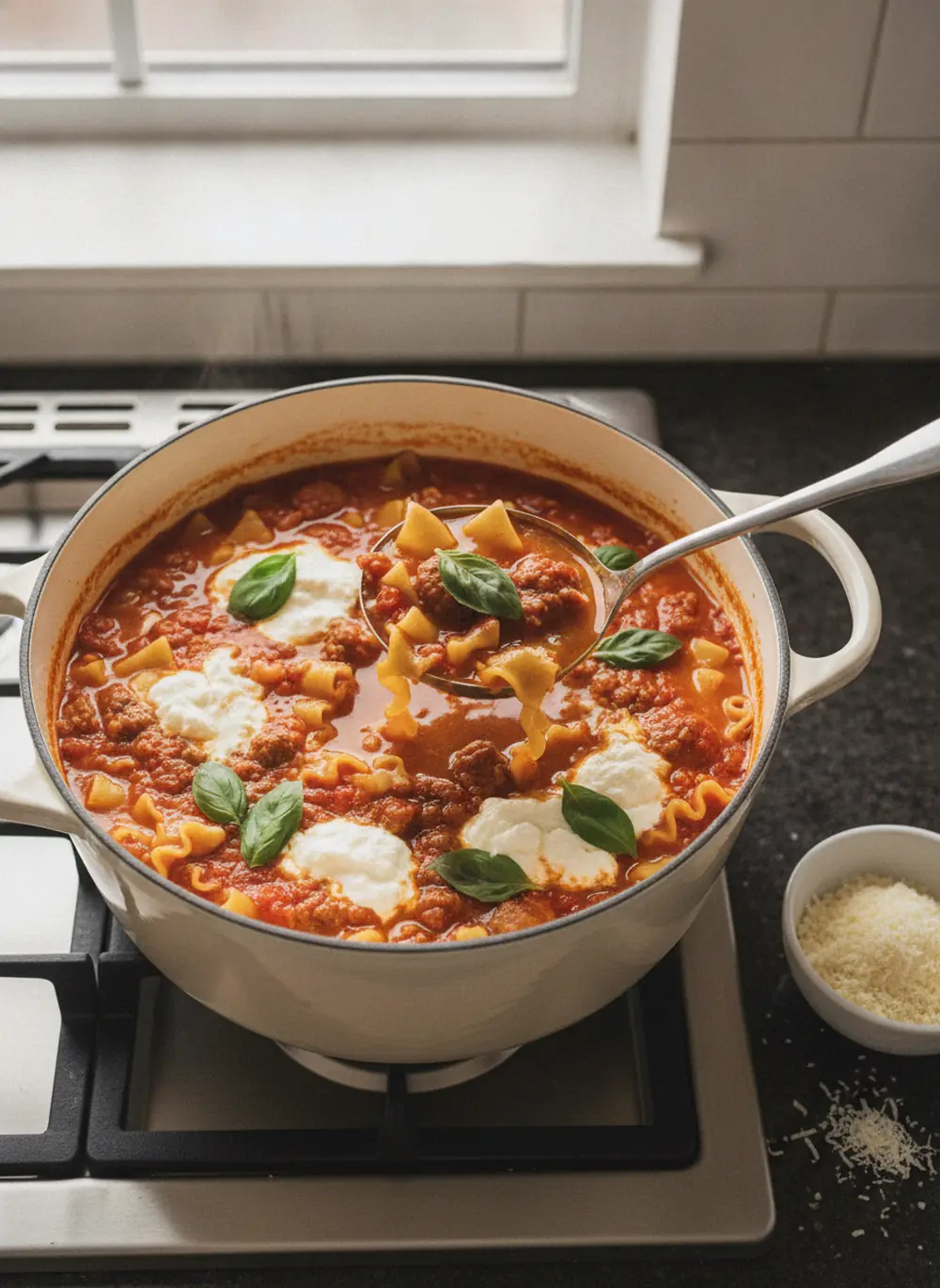 Dutch oven of lasagna soup with sausage, lasagna noodles, ricotta and basil on the stove
