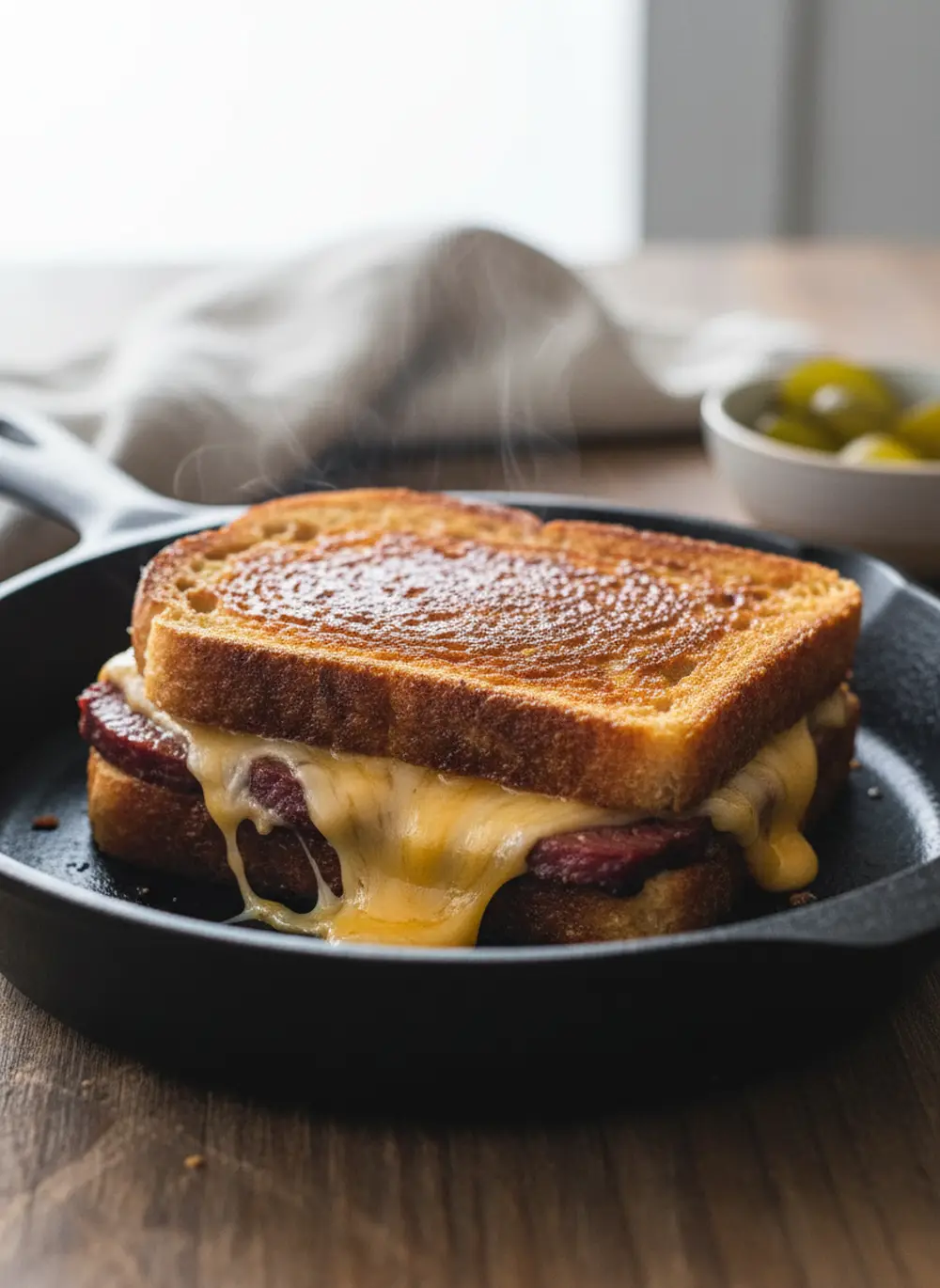 Brisket grilled cheese sandwich cut in half showing melted cheese and shredded brisket inside