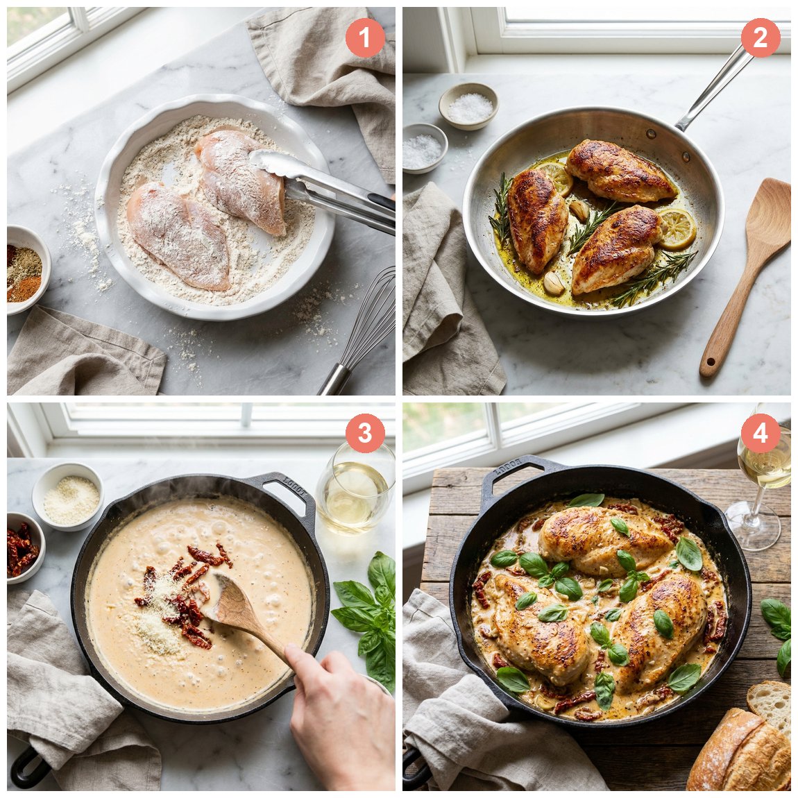Step by step photos for Marry Me Chicken: dredging chicken in flour, searing golden, simmering the sun-dried tomato cream sauce, and the finished dish with basil