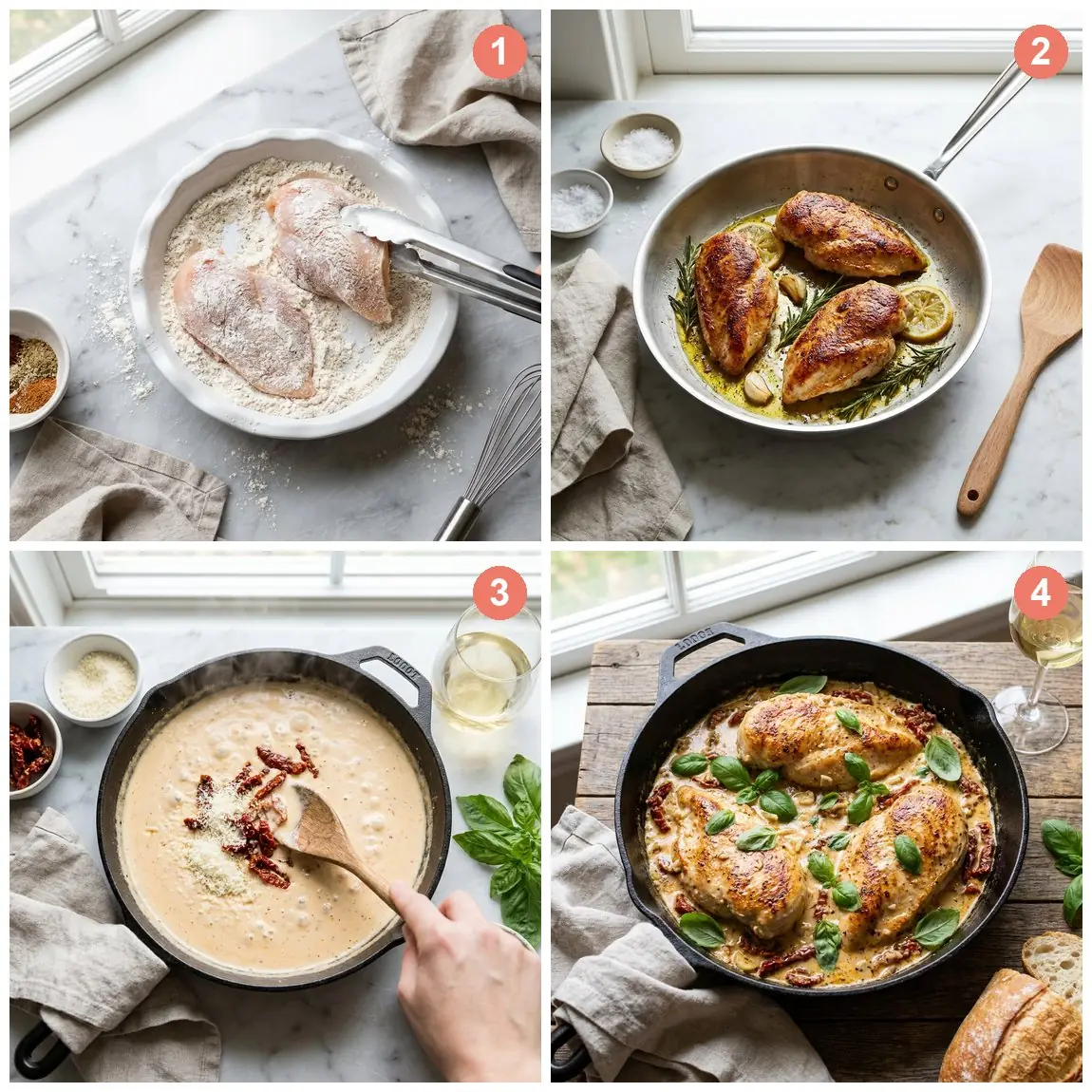 Step by step photos for Marry Me Chicken: dredging chicken in flour, searing golden, simmering the sun-dried tomato cream sauce, and the finished dish with basil