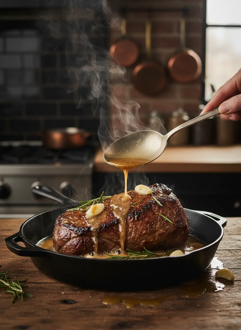 Whole New York strip roast searing in a cast iron skillet with butter, garlic and rosemary