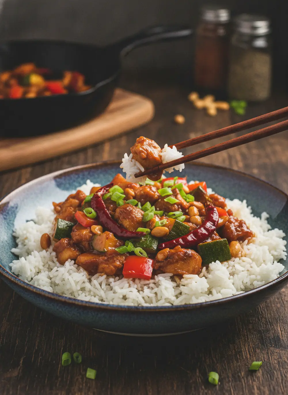 Kung pao chicken served over steamed white rice in a bowl with chopsticks