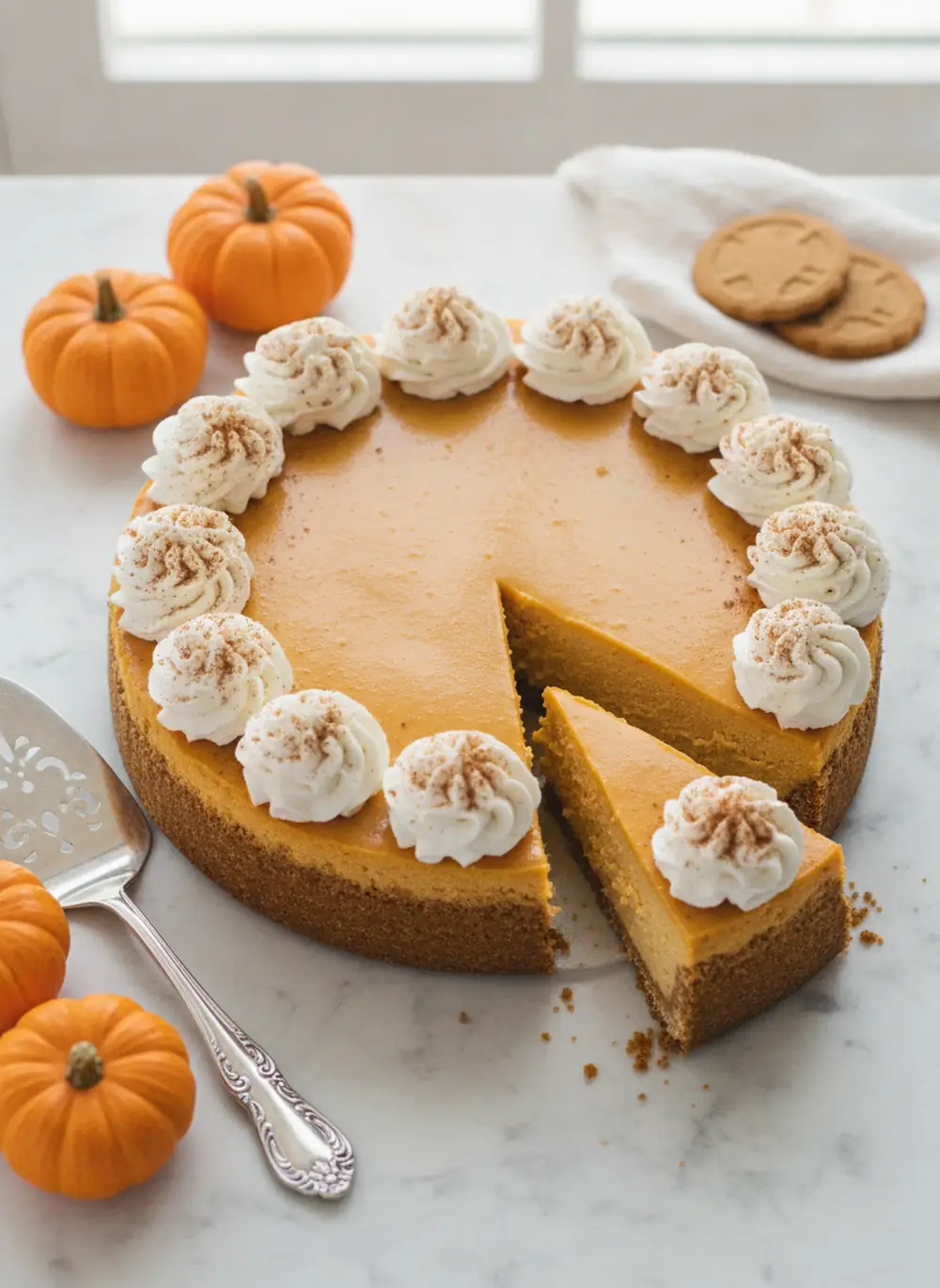 Whole pumpkin cheesecake with whipped cream rosettes and one slice cut out showing the gingersnap crust