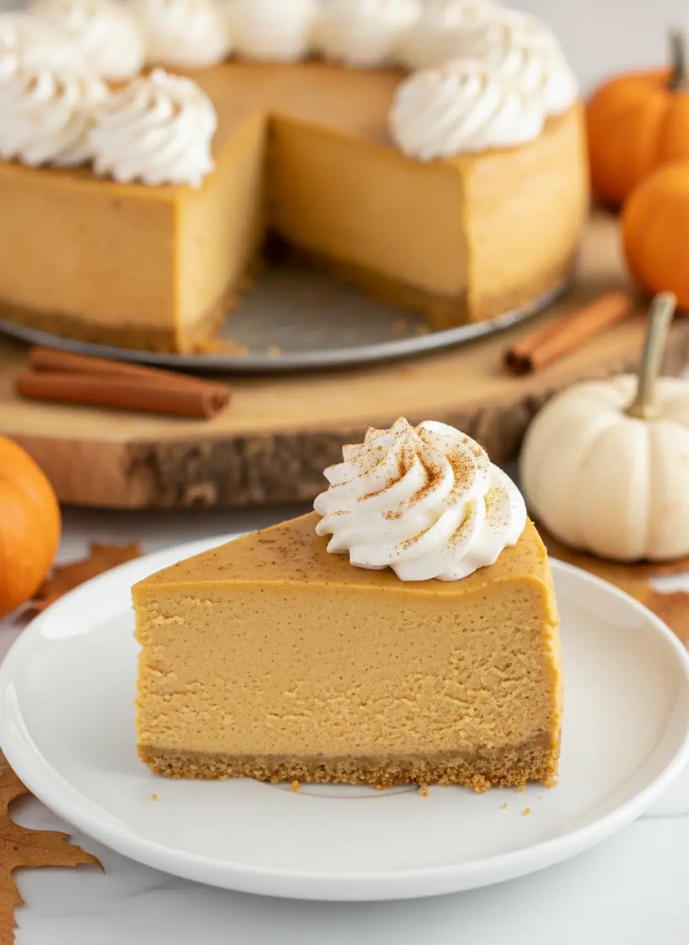 Slice of creamy pumpkin cheesecake with a gingersnap crust, whipped cream and a dusting of cinnamon