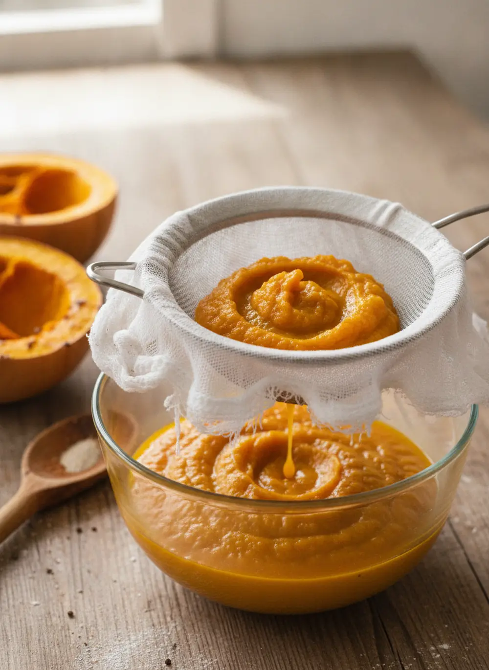 Fresh pumpkin puree draining through cheesecloth over a bowl