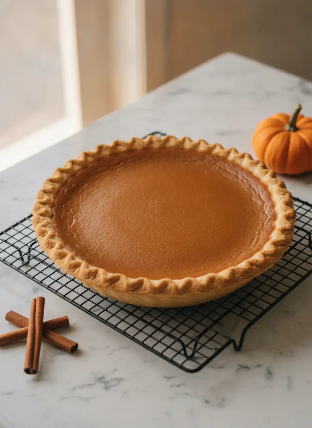 Whole pumpkin pie cooling on a wire rack with a crimped golden crust