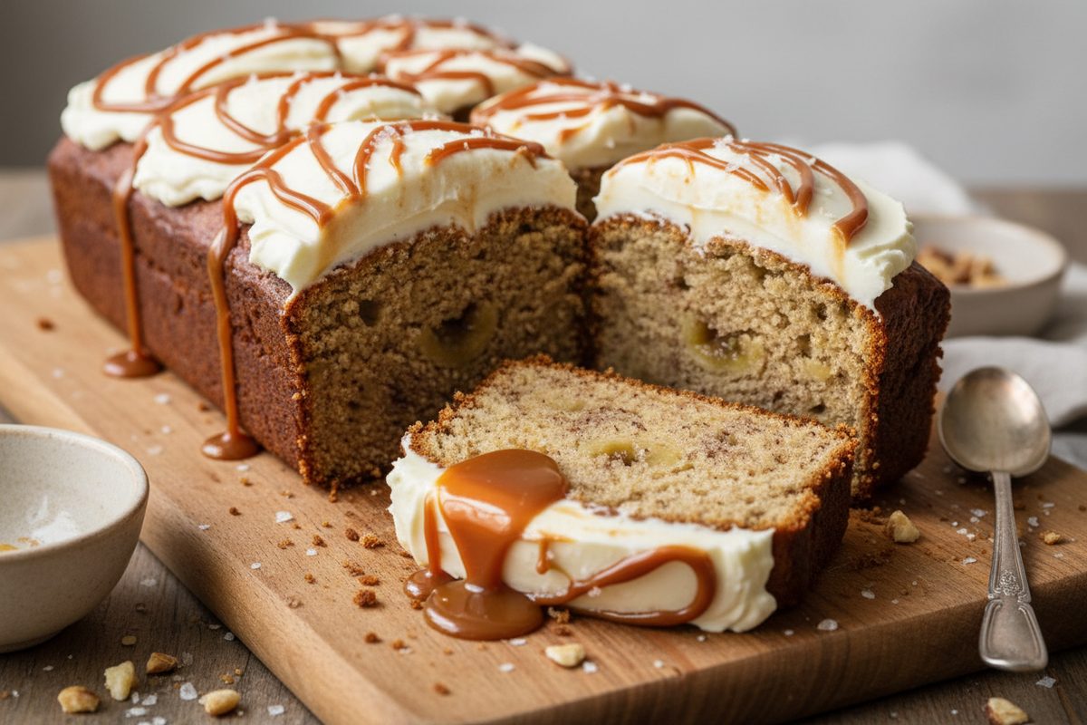 Sliced salted caramel banana bread showing moist crumb and caramel-swirled cream cheese frosting on top