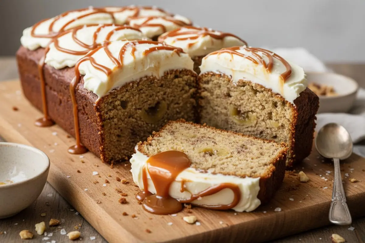 Sliced salted caramel banana bread showing moist crumb and caramel-swirled cream cheese frosting on top