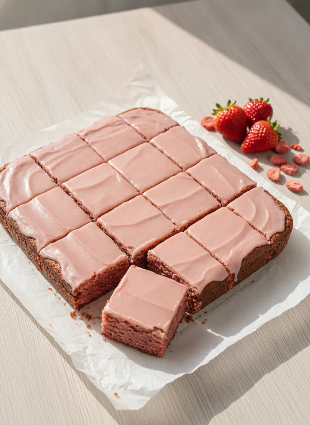 Tray of glazed strawberry brownies cut into squares on parchment paper with fresh strawberries alongside