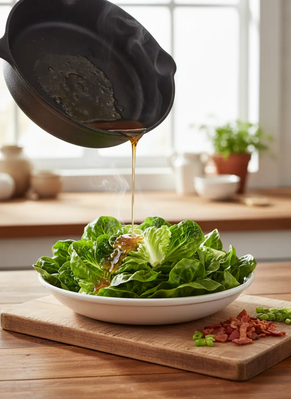 Hot bacon dressing being poured from a skillet over fresh leaf lettuce in a bowl