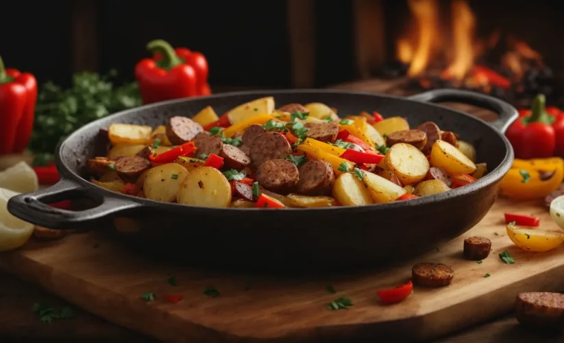 Fried Potatoes and Onions & Peppers with Smoked Sausage