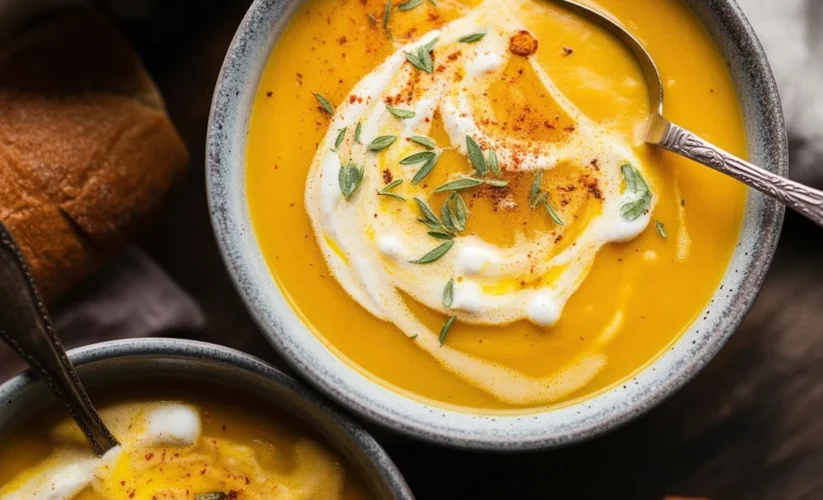 Bowl of Country Harvest Root Vegetable Soup with vibrant vegetables and herbs.