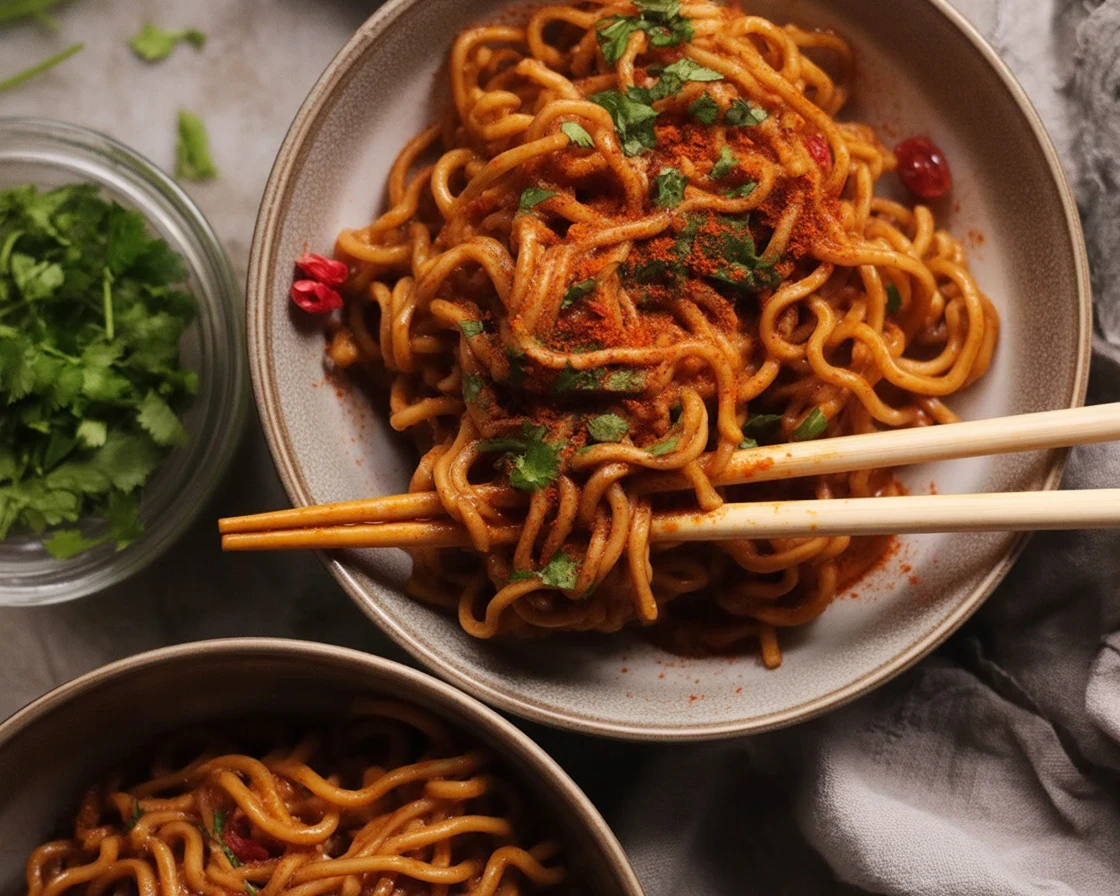 Bowl of Chili Crisp Noodles topped with crispy garlic and herbs for a spicy meal.