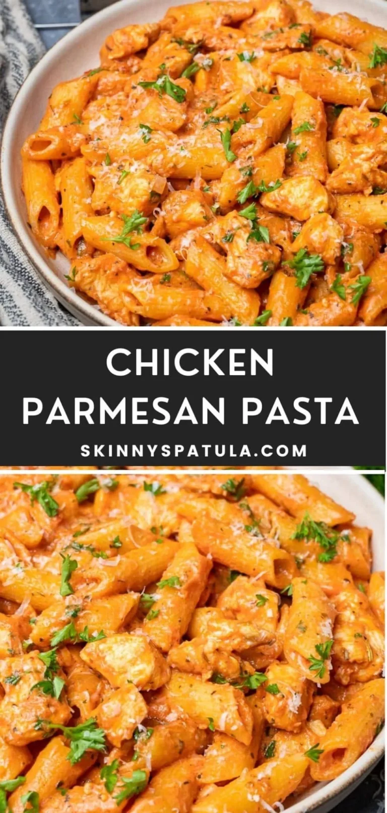 Delicious chicken parmesan pasta with penne, topped with marinara sauce and cheese