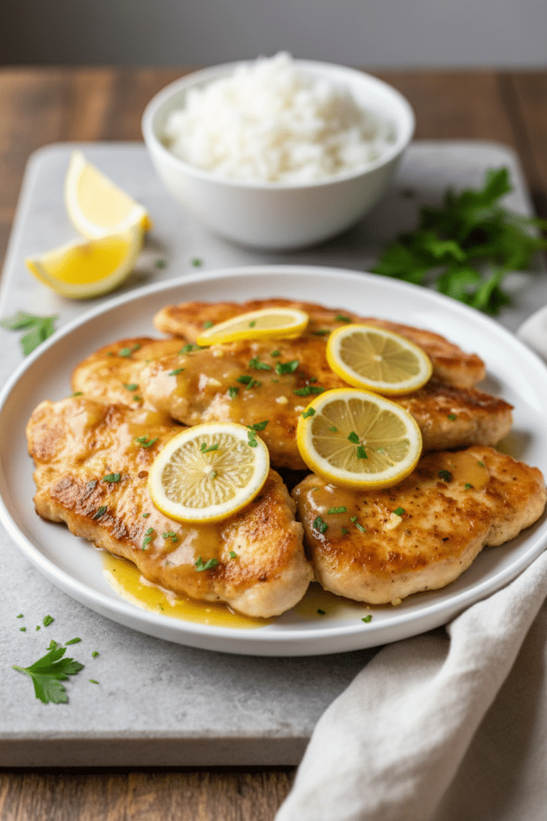 Honey lemon garlic chicken cutlets on a white ceramic dinner plate, glossy lemon garlic sauce spooned over the chicken