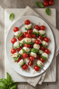 Mini Caprese Skewers arranged on a white oval platter, grape tomatoes, mozzarella pearls and fresh basil