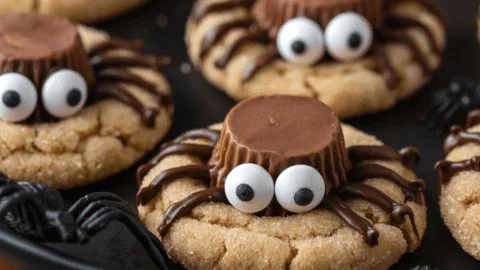 Peanut butter spider cookies decorated with chocolate and candy eyes