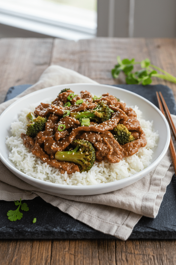 Quick Beef and Broccoli Stir Fry: finished beef and broccoli stir fry served over fluffy white rice in a shallow white…
