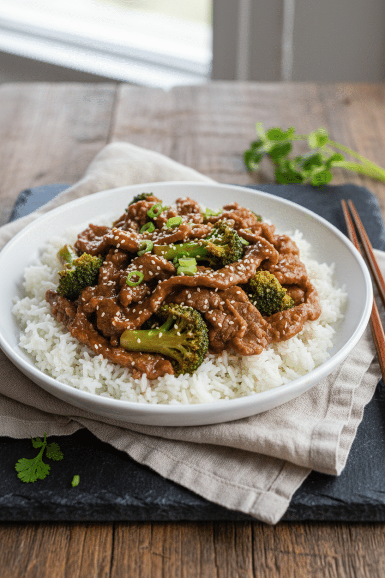 Quick Beef and Broccoli Stir Fry: finished beef and broccoli stir fry served over fluffy white rice in a shallow white…