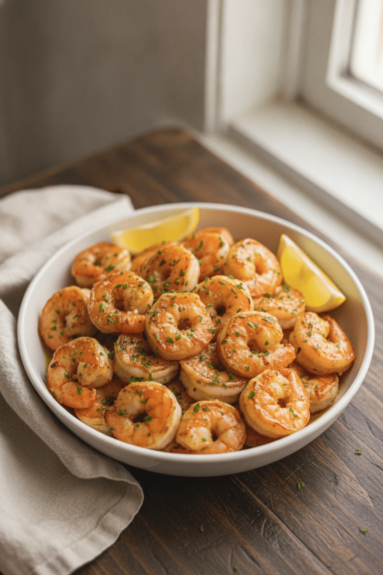 15-Minute Skillet Shrimp with Garlic and Lemon: photo-style overhead three-quarter view of finished garlic lemon skillet…