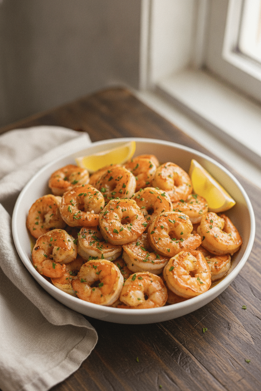 15-Minute Skillet Shrimp with Garlic and Lemon: photo-style overhead three-quarter view of finished garlic lemon skillet…