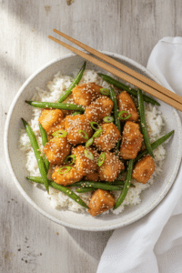 20-Minute Honey Garlic Chicken with Green Beans: honey garlic chicken pieces with bright green beans in a glossy amber…