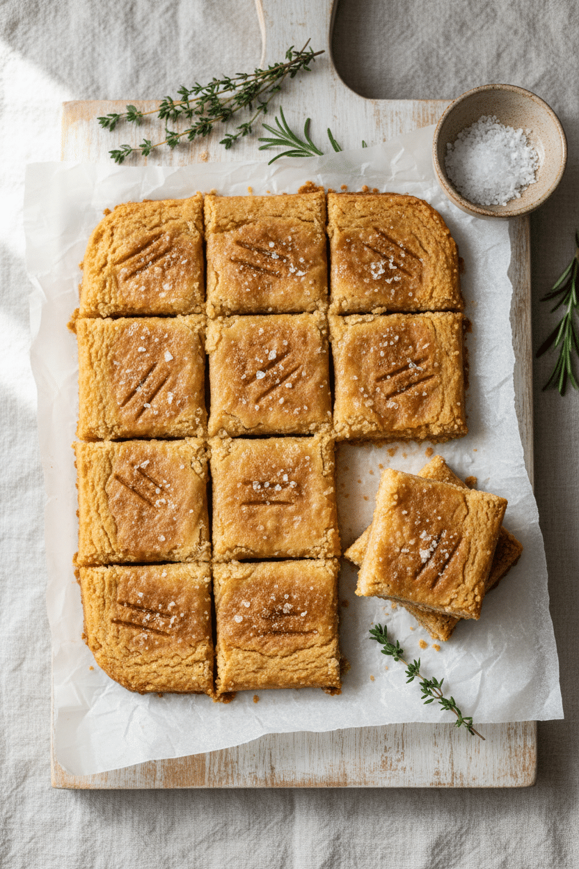 Golden brown butter shortbread bars cut into neat squares on a sheet of crinkled parchment paper, sugar-sparkled tops…