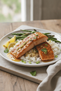 Brown Sugar Chili Salmon Dinner: brown sugar chili salmon fillets plated over fluffy white rice with roasted green beans,…