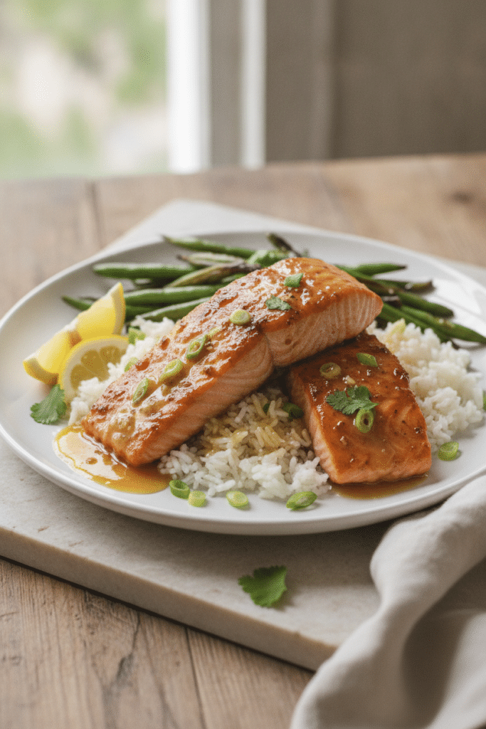 Brown Sugar Chili Salmon Dinner: brown sugar chili salmon fillets plated over fluffy white rice with roasted green beans,…