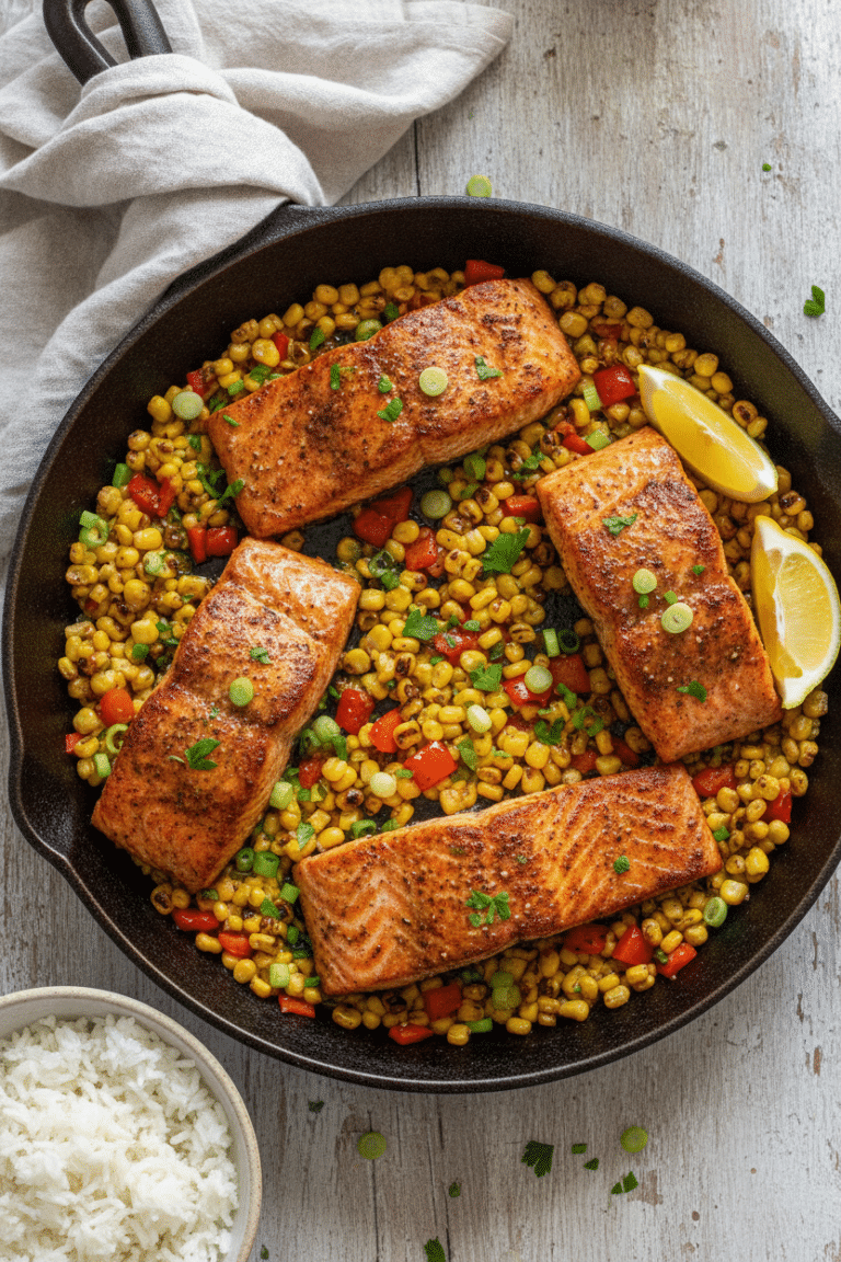 Cajun Honey Butter Salmon with Skillet Corn: 12-inch black cast iron skillet holding four seared Cajun-spiced salmon…