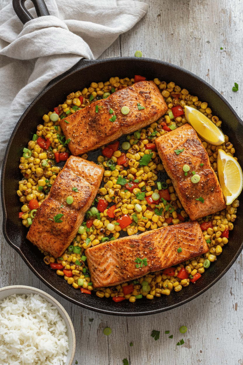 Cajun Honey Butter Salmon with Skillet Corn: 12-inch black cast iron skillet holding four seared Cajun-spiced salmon…