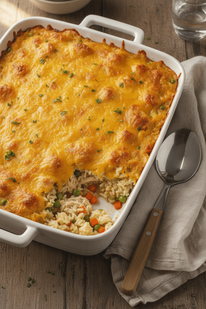 Photo-style overhead three-quarter view of finished cheesy chicken and rice casserole in a white 9x13 baking dish, tender…
