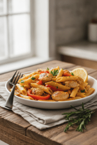Creamy Cajun chicken pasta in a shallow white bowl, penne coated in orange Parmesan cream sauce
