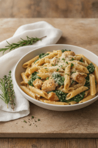 Creamy chicken penne with spinach in a shallow white bowl, glossy Parmesan cream sauce coating ridged penne