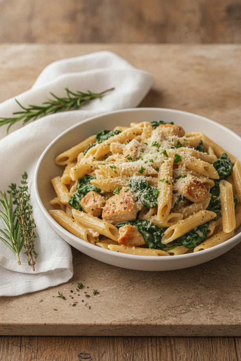 Creamy chicken penne with spinach in a shallow white bowl, glossy Parmesan cream sauce coating ridged penne